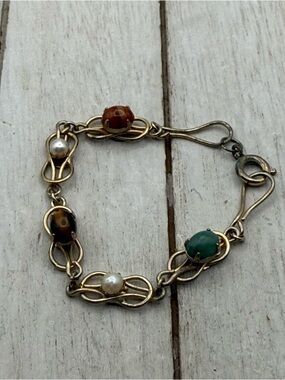 Vintage Multi-Stone Gold-Tone Linked Bracelet - Green, Red, Brown, Pearl
